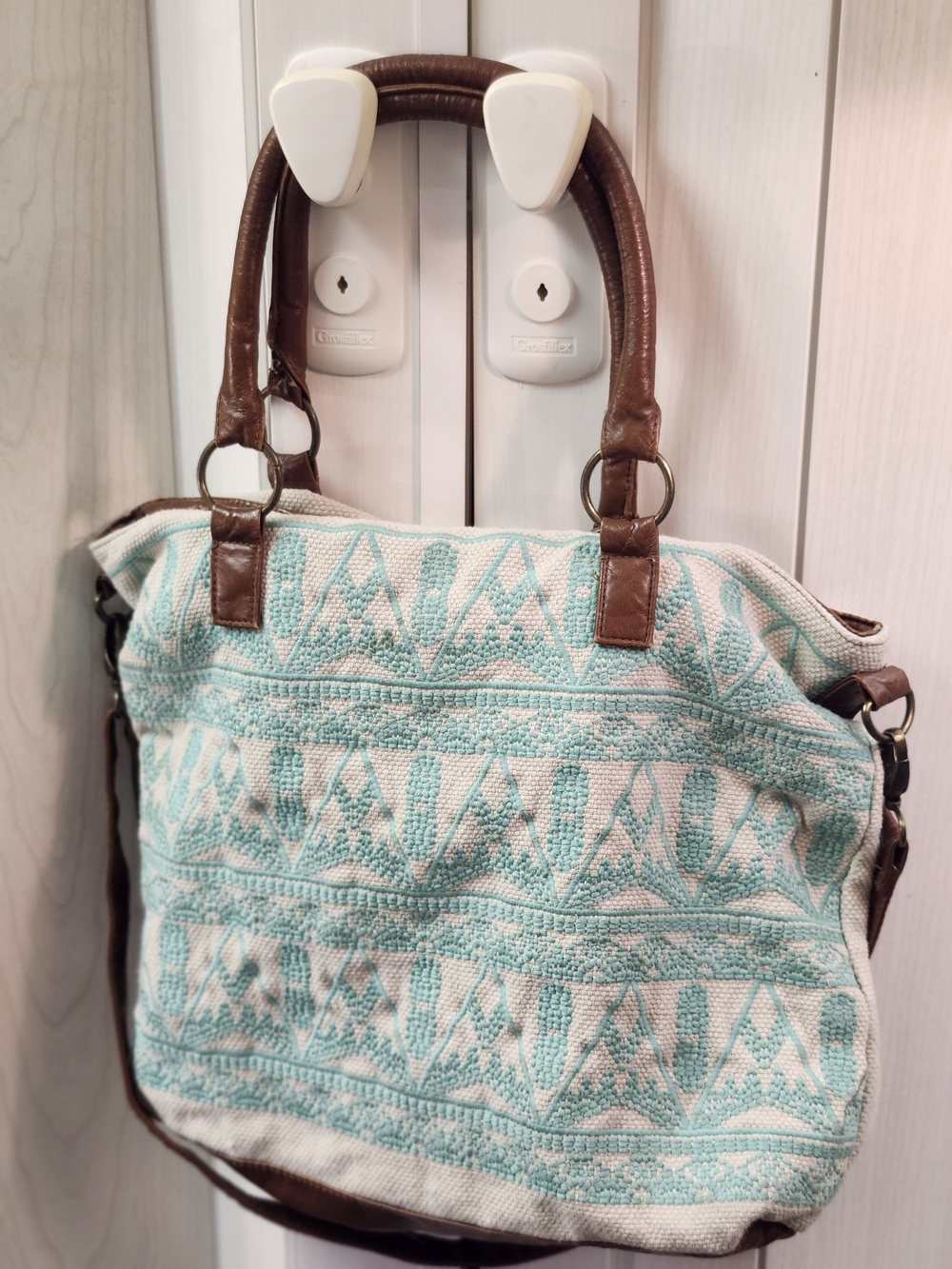 T-Shirt & Jeans Aqua Patterned Tote with Brown Handles